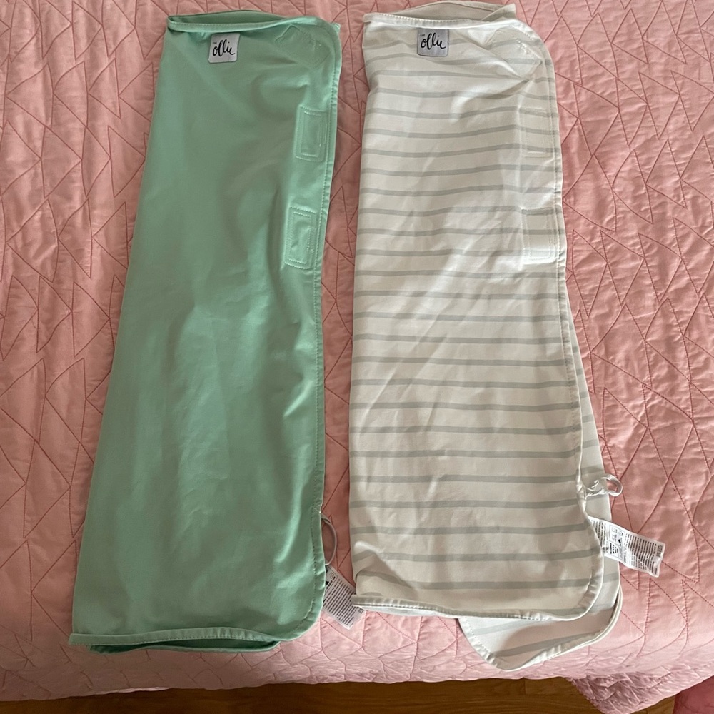 Set of TWO Ollie baby swaddles - green and grey/white striped